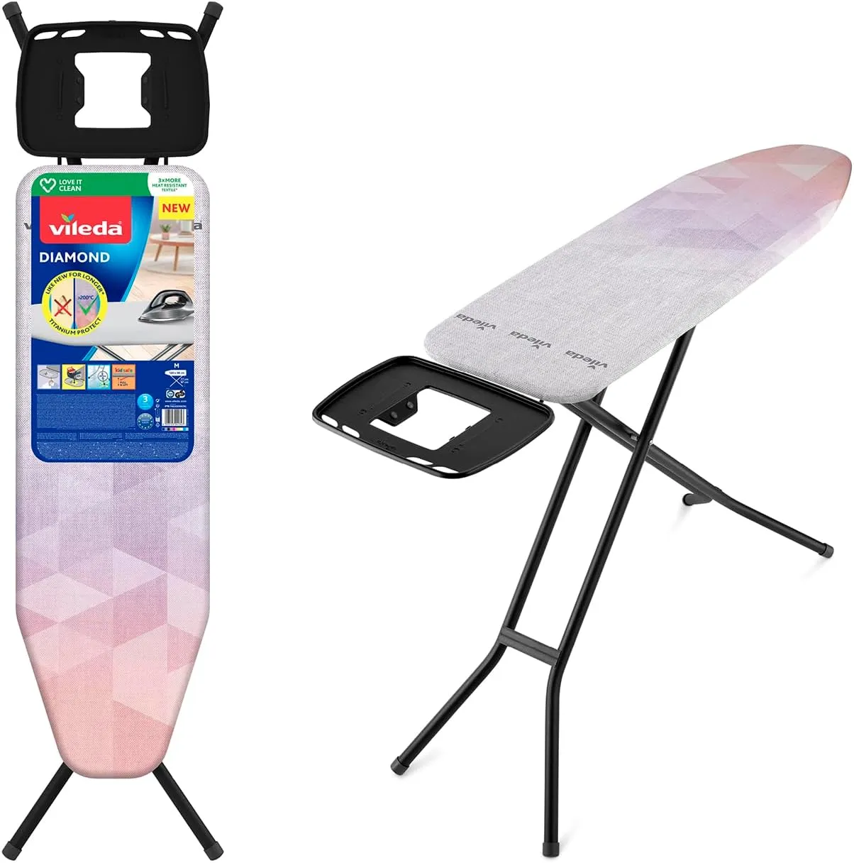 Bild von Vileda Diamond Bügelbrett mit 120 x 38 cm Bügelfläche, höhenverstellbar und TÜV-geprüft, inklusive titanbeschichtetem Bezug und 3 Jahren Garantie