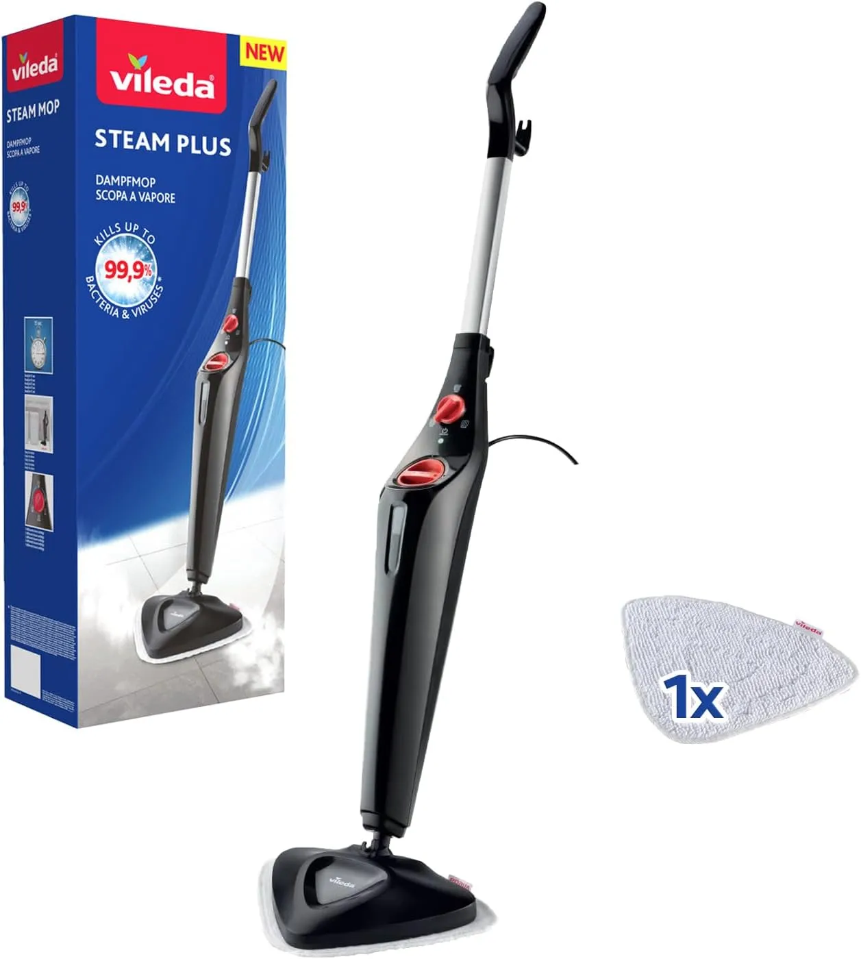 Bild von Vileda Steam Plus Dampfreiniger mit Mikrofaser-Pad für hygienische Bodenreinigung und effektive Bakterienentfernung