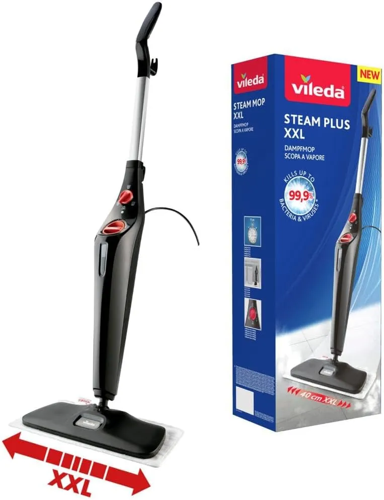 Bild von Vileda Steam Plus XXL Dampfreiniger für hygienische Bodenreinigung, entfernt bis zu 99,9 Prozent der Bakterien und Viren, geeignet für alle Böden und ideal für Teppiche