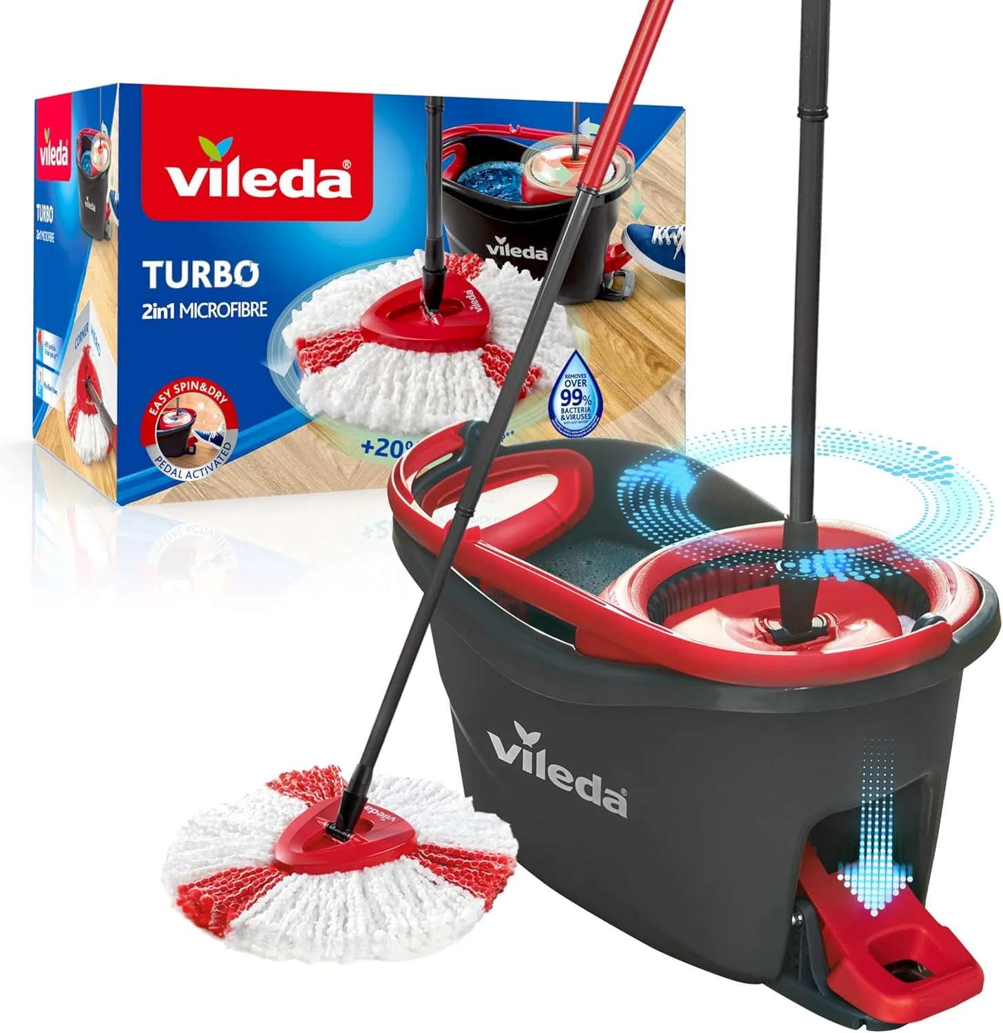 Bild von Vileda Turbo Wischmopp Set mit Mikrofaserkopf, Teleskopstiel von 58 bis 123 cm und Eimer mit Schleuder und Fußpedal für alle Bodenarten