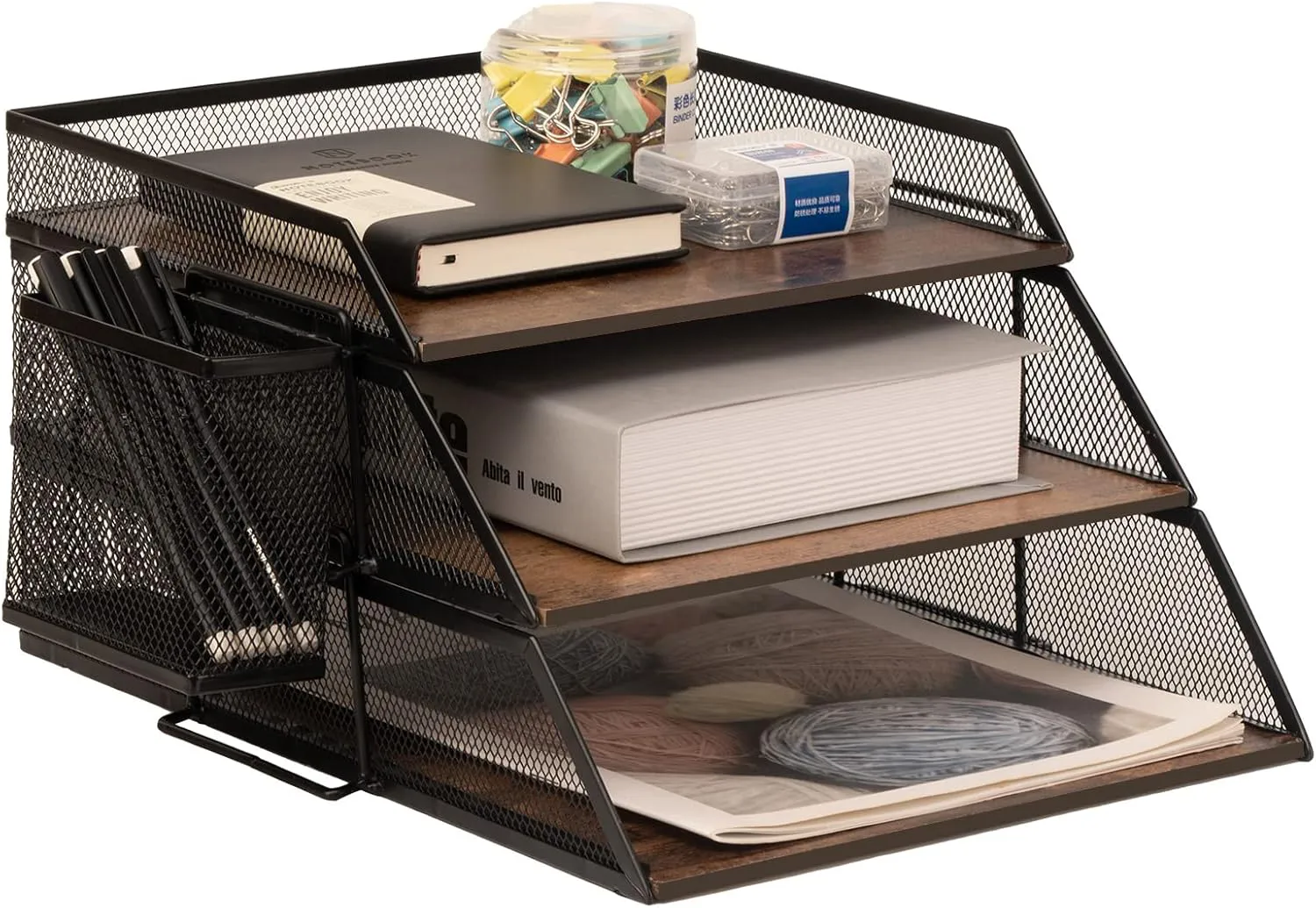 Bild von Vintage Briefablage aus Holz und Metall, stapelbarer Schreibtisch-Organizer mit Stifthalter und 3 Stufen