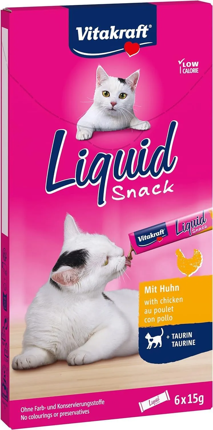 Bild von Vitakraft Liquid Snack für Katzen mit Huhn und Taurin, 6 Stück, kalorienarm und unterstützt Augen- und Herzfunktion