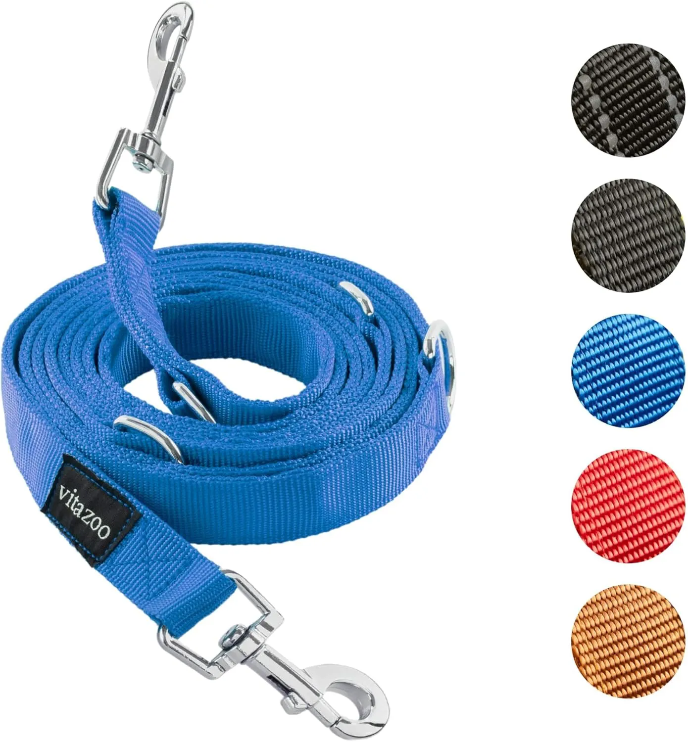 Bild von Vitazoo Hundeleine aus Nylon in Graphit mit einer Länge von 3 Metern und einer Breite von 2,5 cm, verstellbar in 4 Längen, geeignet für kleine bis große Hunde, in Blau mit Karabinern.