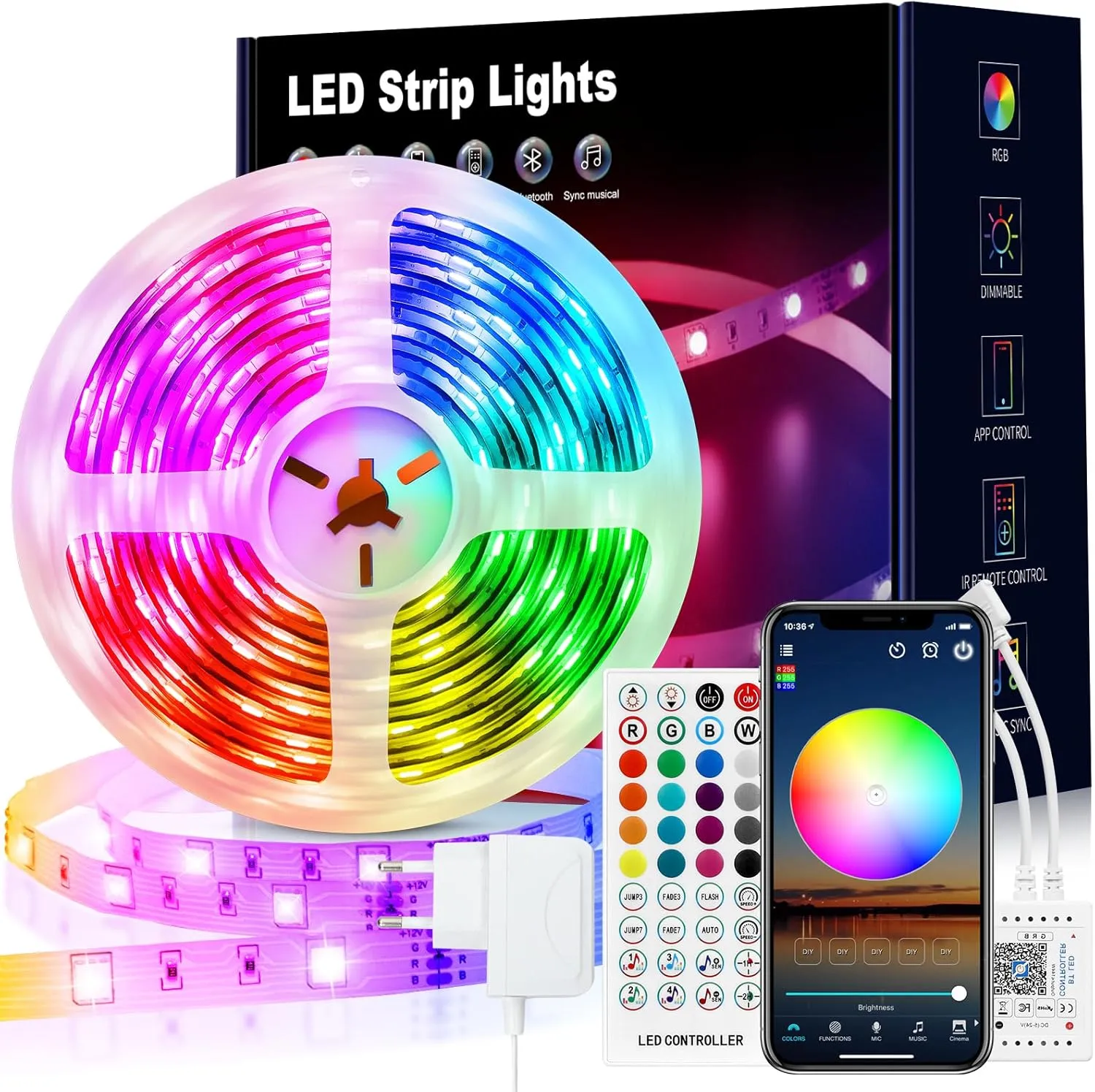Bild von VKH LED Strip 10m mit Bluetooth RGB und Fernbedienung, selbstklebend für Zimmer und Partys