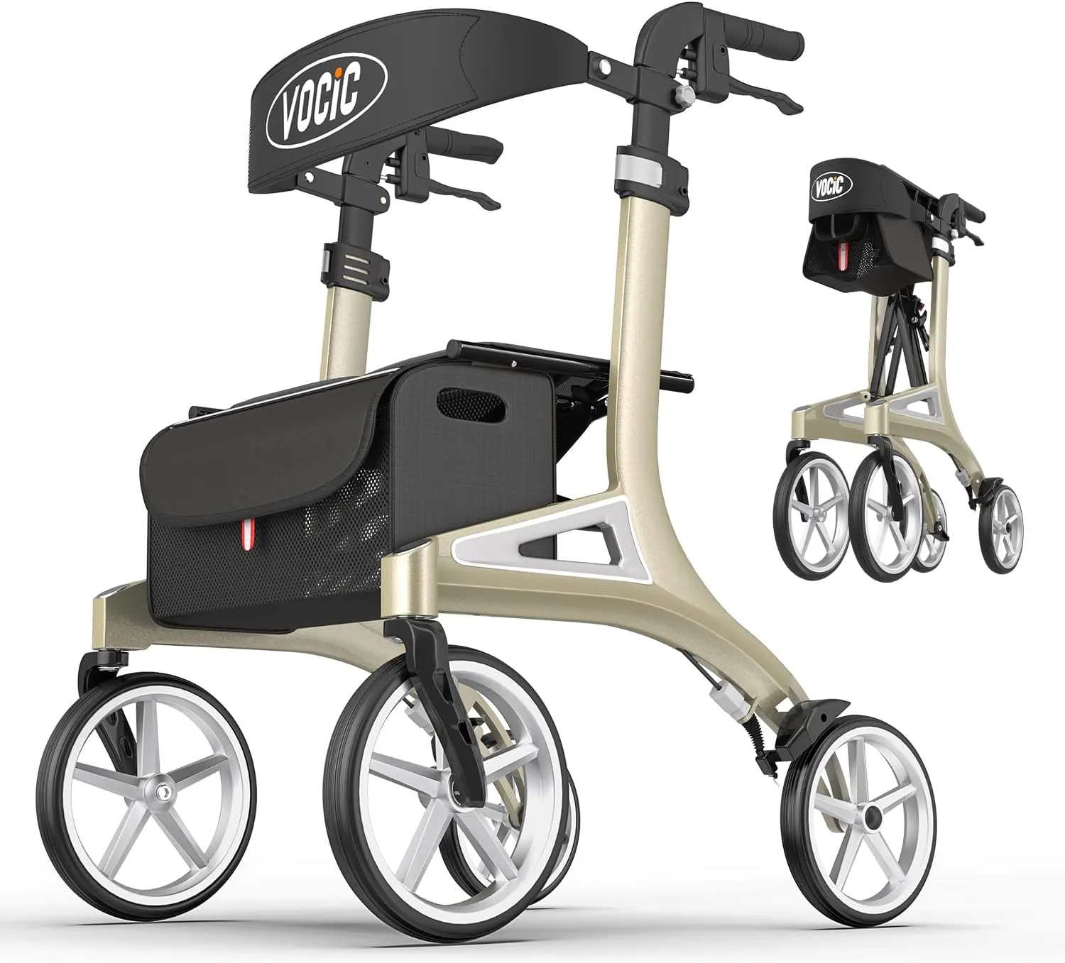 Bild von VOCIC Z71 faltbarer Rollator aus Aluminium mit wasserdichtem Sitz und pannensicheren All-Terrain Reifen in Grün