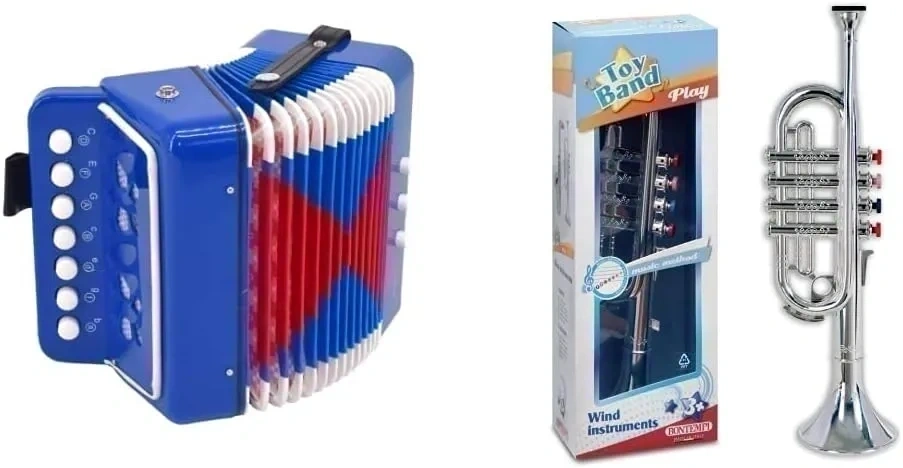 Bild von Voggy's Akkordeon mit 7 Tönen und 2 Bässen sowie Bontempi Trompete mit 4 farbigen Tasten