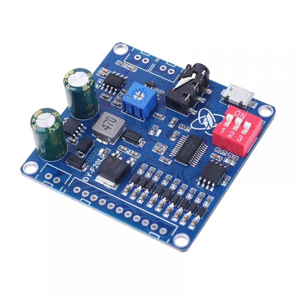 Bild von Voice MP3 Player Modul DY-F20L mit 20 Watt Mono Leistung, 9 Kanälen, 32 Mbit Flash und UART Controller für Arduino, geeignet für 12V und 24V