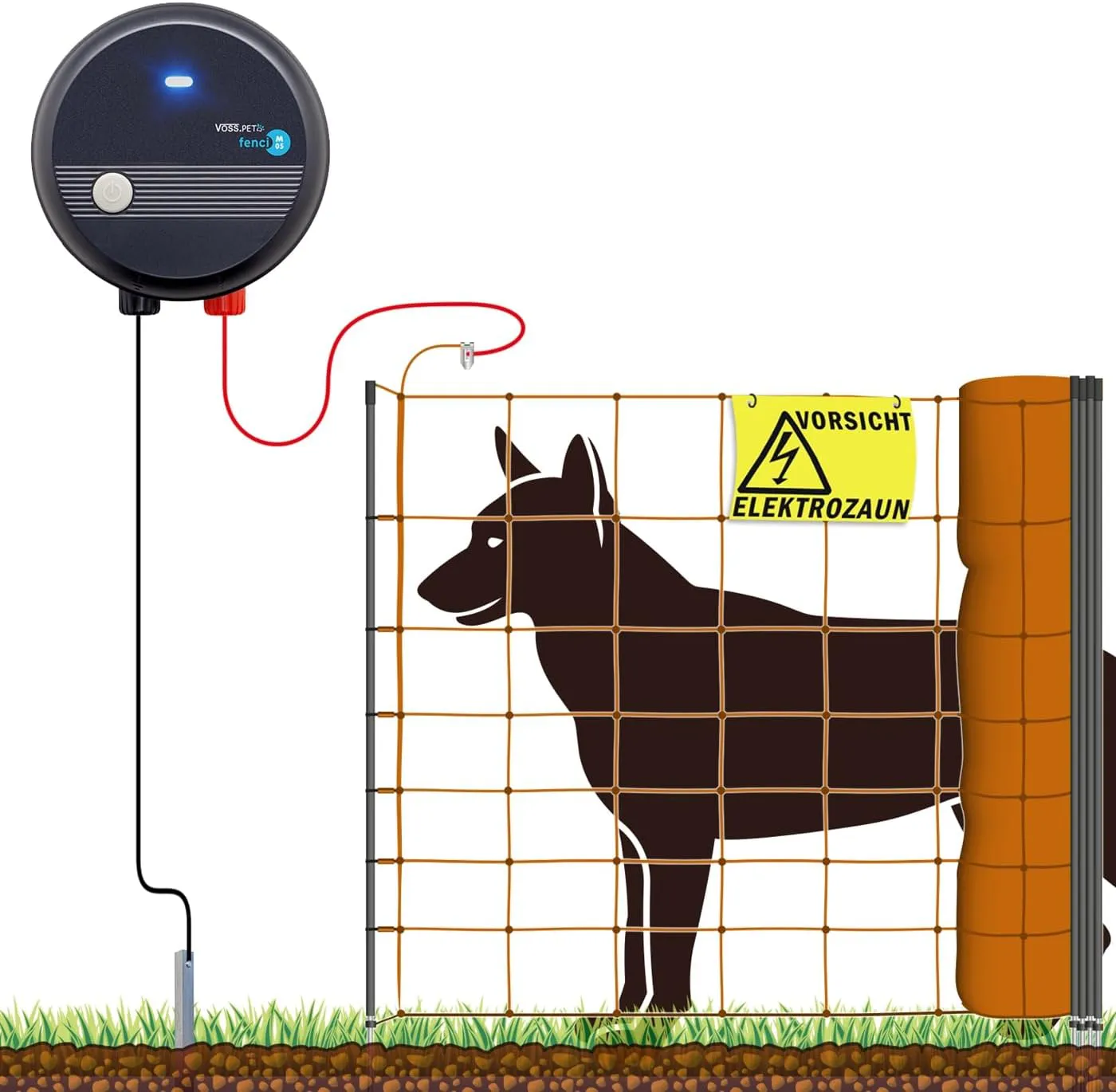 Bild von VOSS.farming 50m Hundezaun Komplettset in Orange für große Hunde mit Weidezaungerät, Erdanschlussset und Warnschild