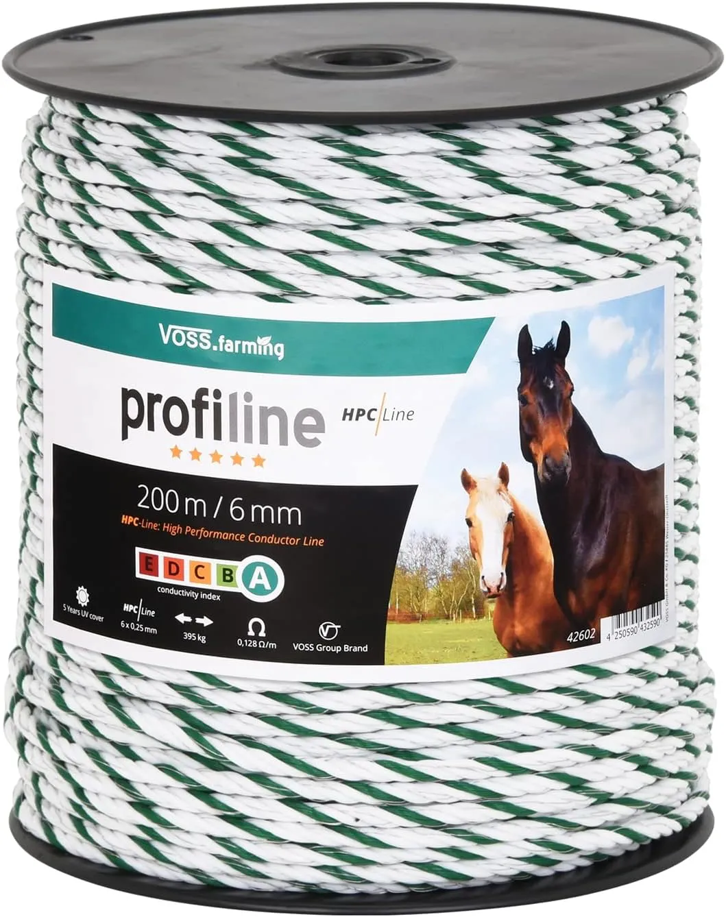 Bild von VOSS.farming 6 mm Elektrozaunseil in wählbarer Länge mit Zubehör, weiß-grün, für Pferde- und Ponyzäune
