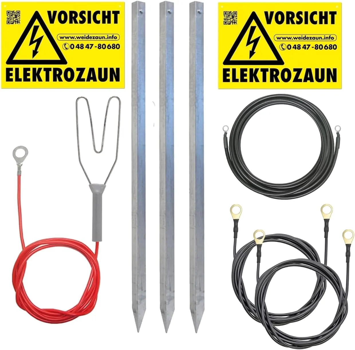 Bild von VOSS.farming Anschluss-Set für Weidezaungerät mit drei Erdstäben und Kabeln zur Erdung