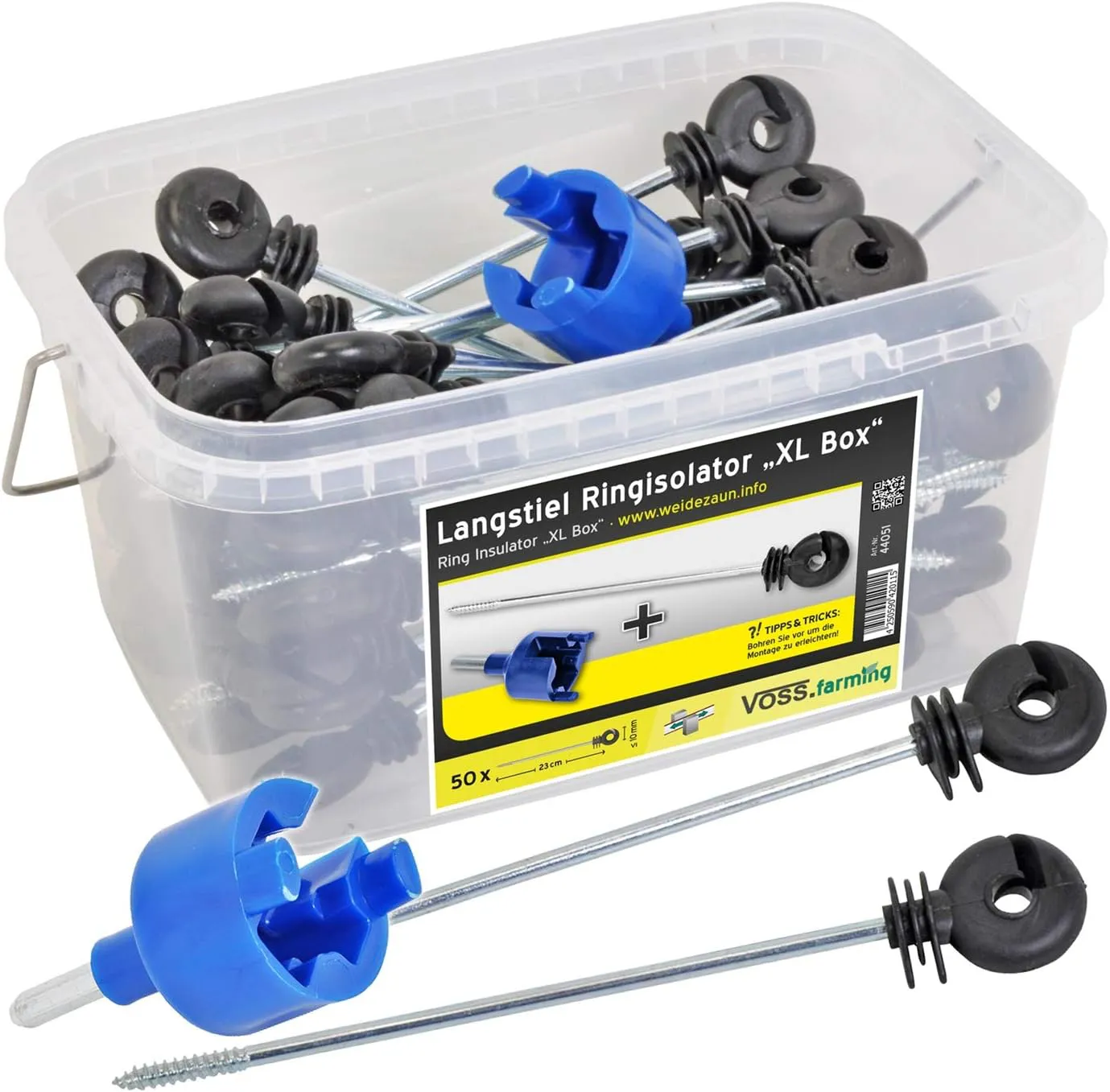 Bild von VOSS.farming Langstiel-Ringisolatoren Set mit 50 Stück und Einschrauber für Elektrozaun