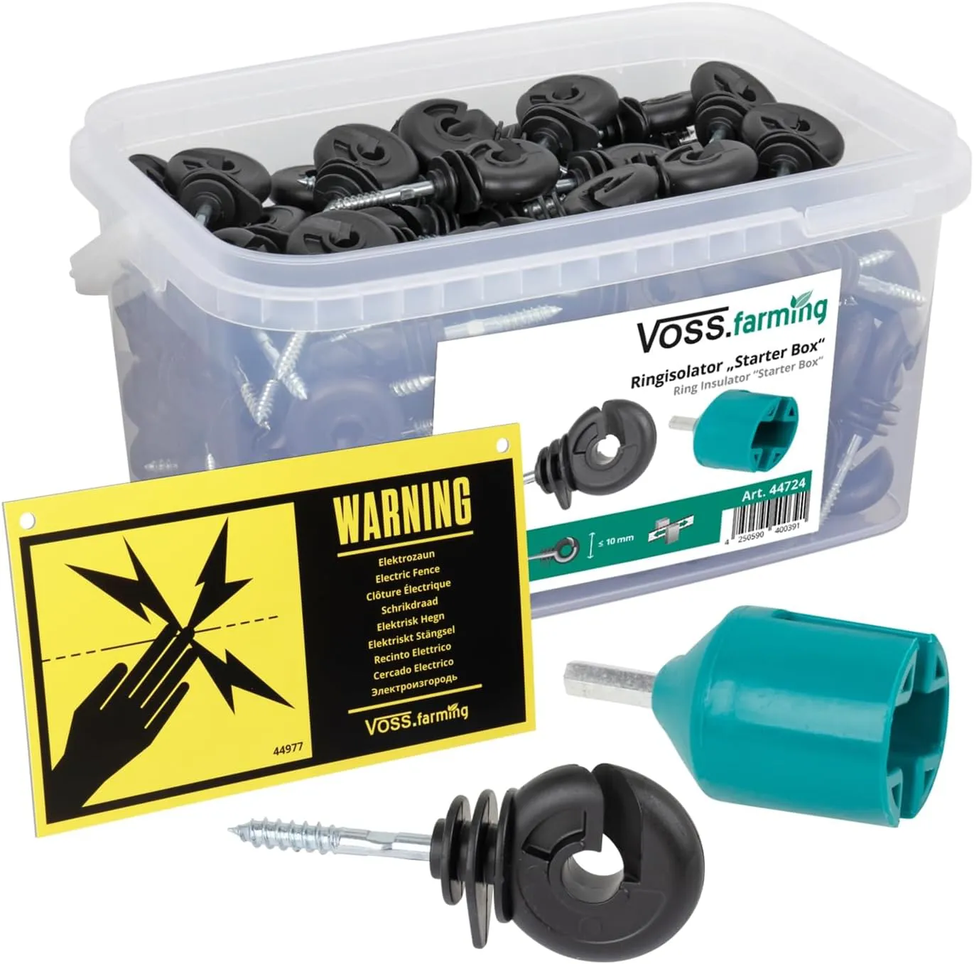 Bild von VOSS.farming Set mit 150 Ringisolatoren, Einschraubhilfe und Warnschild für Weidezaun