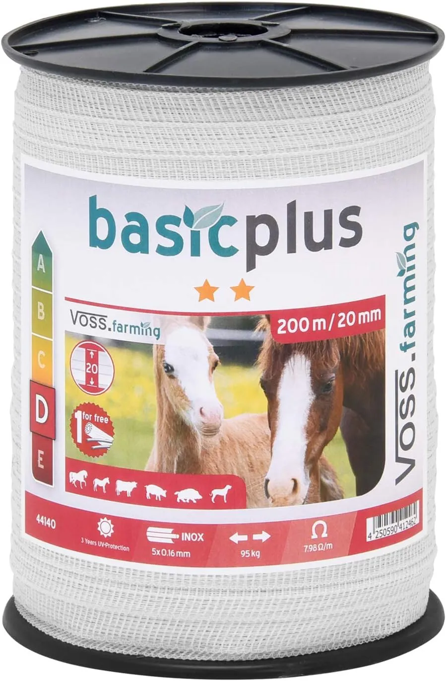 Bild von VOSS.farming Weidezaunband mit 200 m Länge und 20 mm Breite, ausgestattet mit 5 x 0,16 mm NIRO Draht für Elektrozaun
