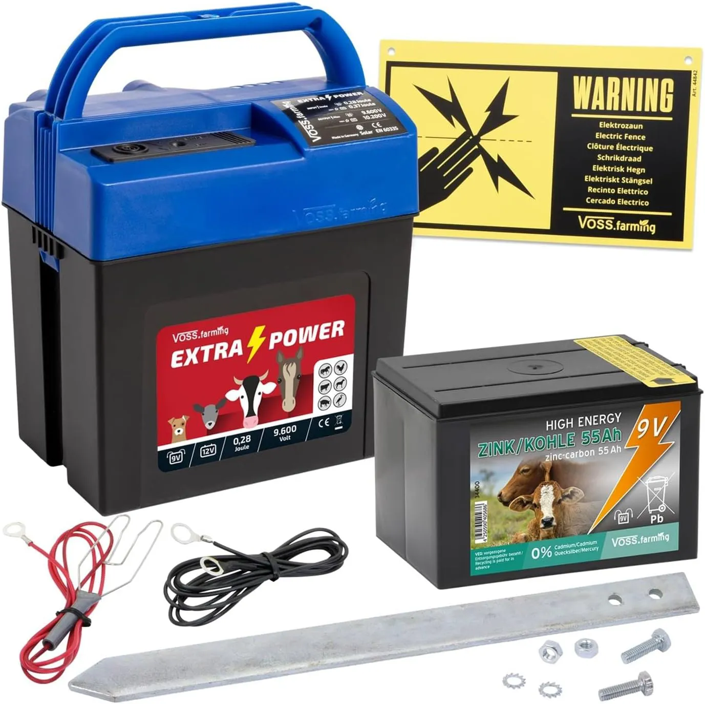 Bild von VOSS.farming Weidezaungerät Set mit 9V Extra Power, Batterie und Netzadapter für mobilen Einsatz