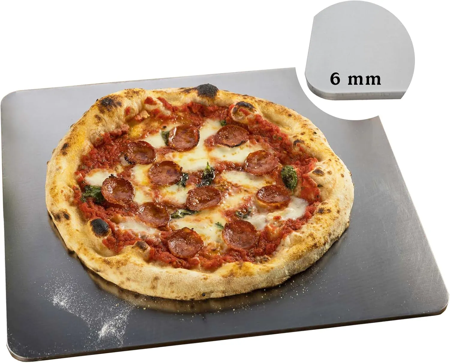 Bild von Waldis Pizza Backstahl eckig mit 38 x 33 cm und 6 mm Höhe für gleichmäßige Wärmeverteilung, ideal für Pizza, Flammkuchen, Baguette und Brot