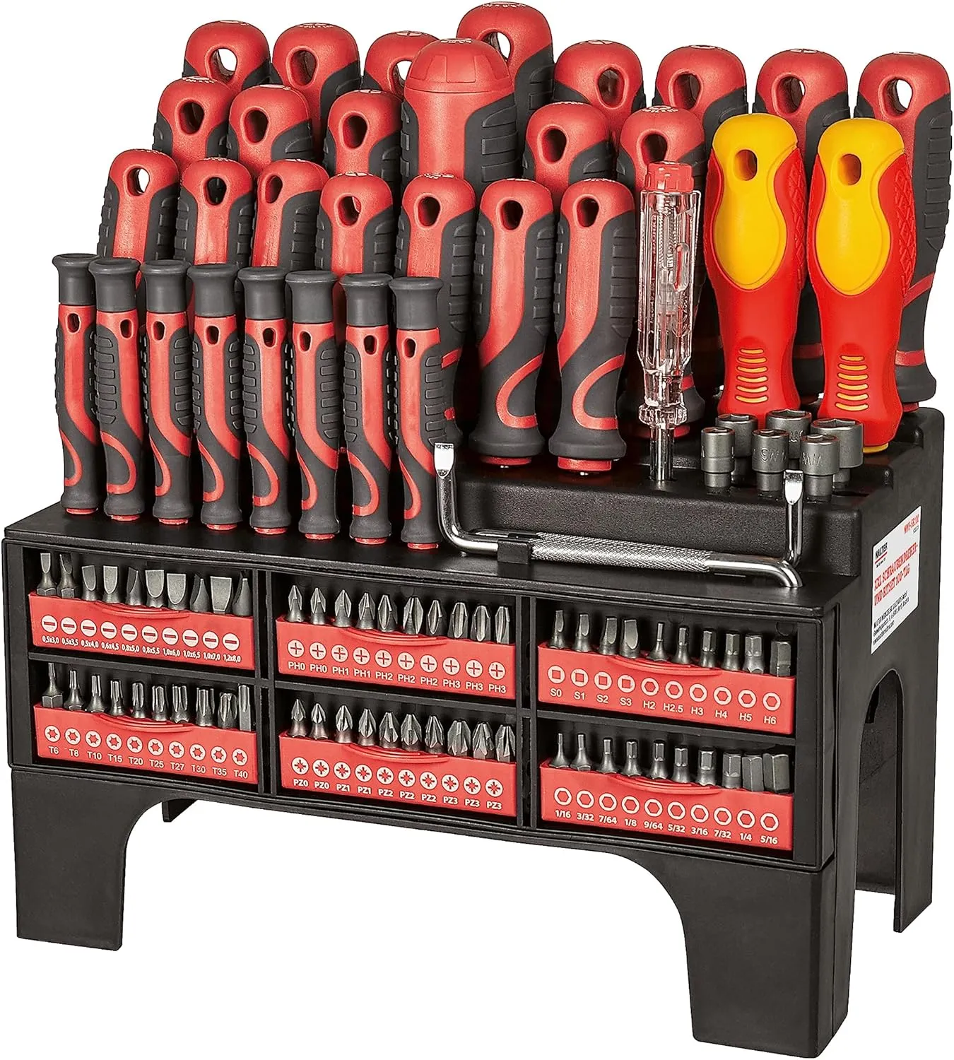 Bild von WALTER 100-teiliges Schraubendreher und Bit Set mit Kreuzschlitz, Schlitz, Torx und Sechskant, inklusive Phasenprüfer und VDE Schraubendreher in kompakter Aufbewahrung