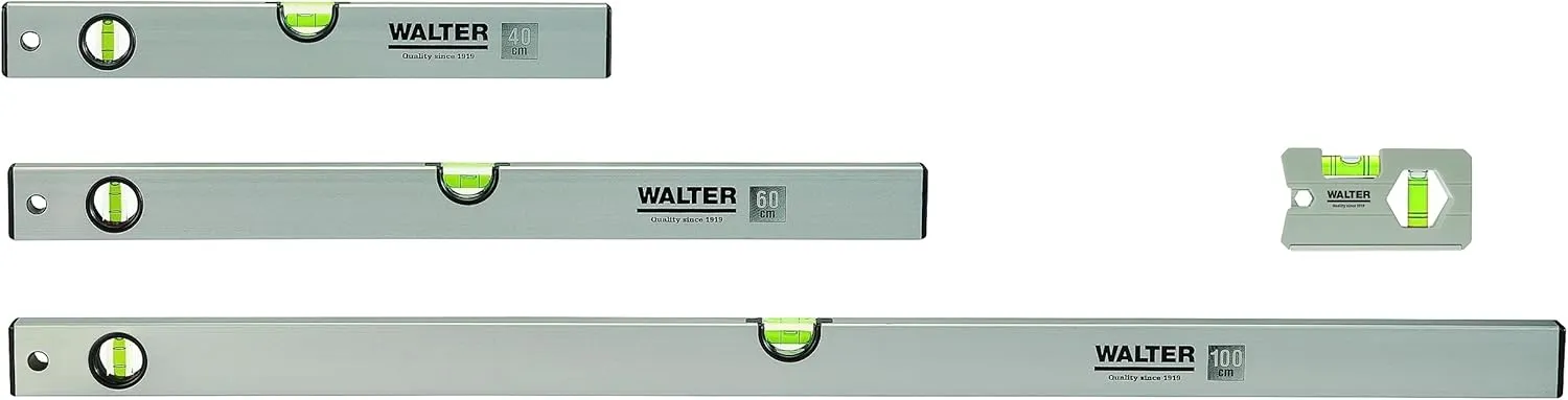Bild von WALTER 4-teiliges Wasserwaagen-Set mit Längen von 40 cm, 60 cm und 100 cm sowie einer Mini-Wasserwaage, ausgestattet mit 3 Libellen und einem leichten Aluminiumgehäuse
