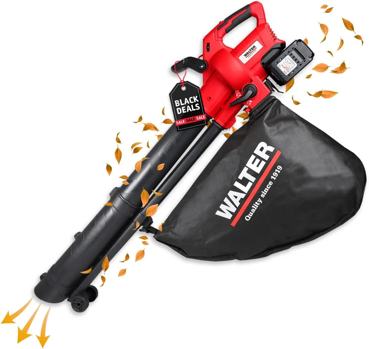 Bild von WALTER Professional Laubbläser und Laubsauger mit 40V Akku, 160-210 km/h Blasgeschwindigkeit, 10,3 m³/min Einsaugvolumen und 45 l Laubsackkapazität, leicht mit 3,4 kg und inklusive Tragegurt