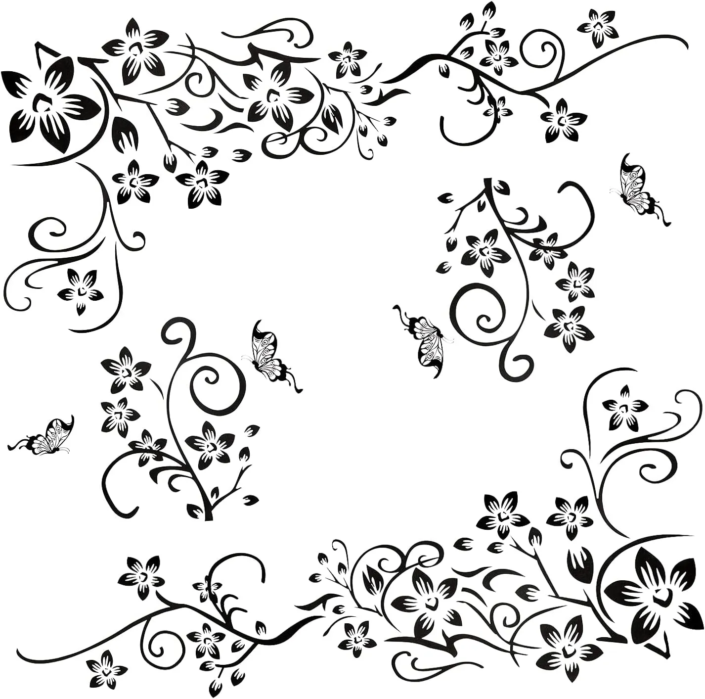 Bild von Wandtattoo Set mit 2 schwarzen Ornamenten für Blumen, Schmetterlinge und Pflanzen für Wohnzimmer und Schlafzimmer
