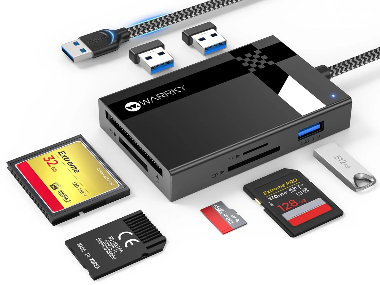 Bild von WARRKY 7 in 1 USB 3.0 Kartenlesegerät für SD, TF, MS, CF und 3 USB Anschlüsse, kompatibel mit Windows, Mac, Chrome OS und Linux