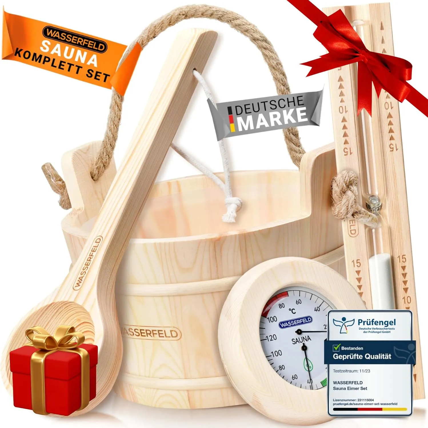 Bild von WASSERFELD Sauna Eimer Set mit 4 Litern, inklusive Kelle, Sanduhr, Thermo- und Hygrometer, hitzebeständigem Kübel und Hanftrageseil