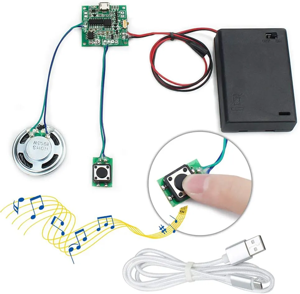 Bild von WayinTop MP3 Soundmodul mit 8 MB Speicher, USB-Anschluss, aufladbarer Batteriebox und Micro USB Kabel für DIY Geschenke
