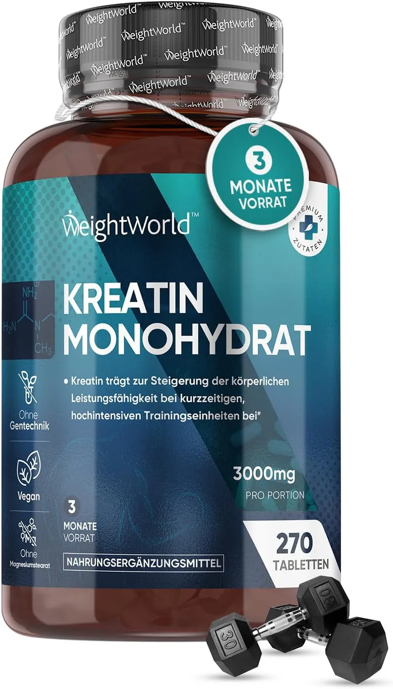 Bild von WeightWorld Creatin Monohydrat mit 270 Tabletten für Muskelaufbau und Fitness, veganer Pre Workout Booster, 3 Monate Vorrat