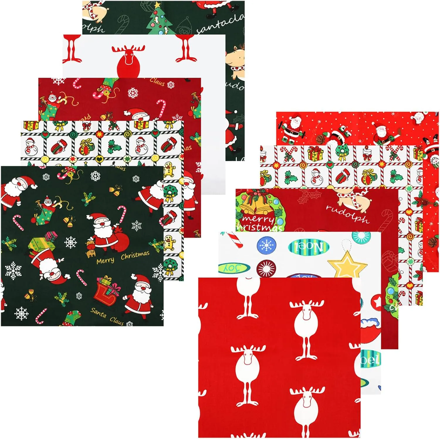 Bild von Weihnachtsstoffe Set mit 10 Baumwollstücken in Rot und Grün, 25x25 cm für DIY und Bastelprojekte
