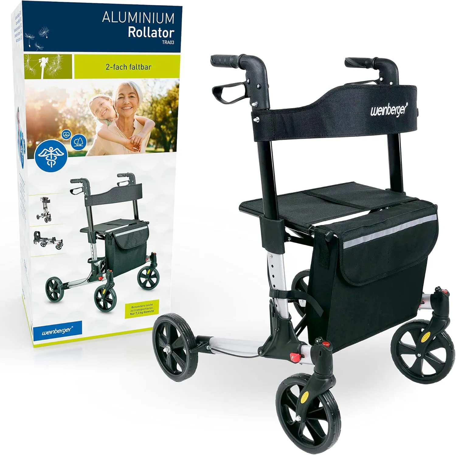 Bild von Weinberger klappbarer Alu-Rollator mit Tasche und Stockhalter, leicht und höhenverstellbar, nur 7,3 kg, in Silber-Schwarz