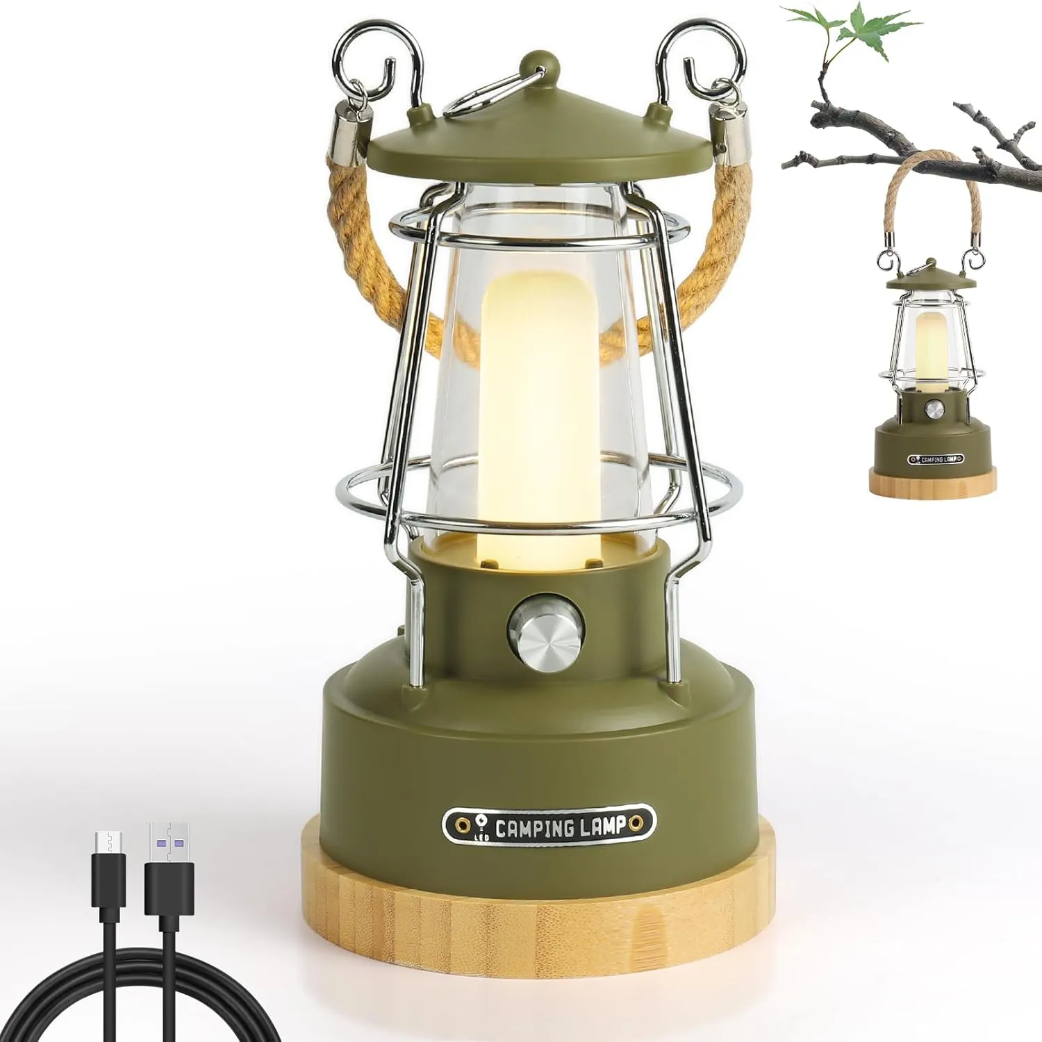Bild von Weinsamkeit Retro LED Campinglampe mit USB Aufladung und stufenloser Dimmfunktion, 75 Stunden Leuchtzeit, ideal für Camping und Dekoration in Grün