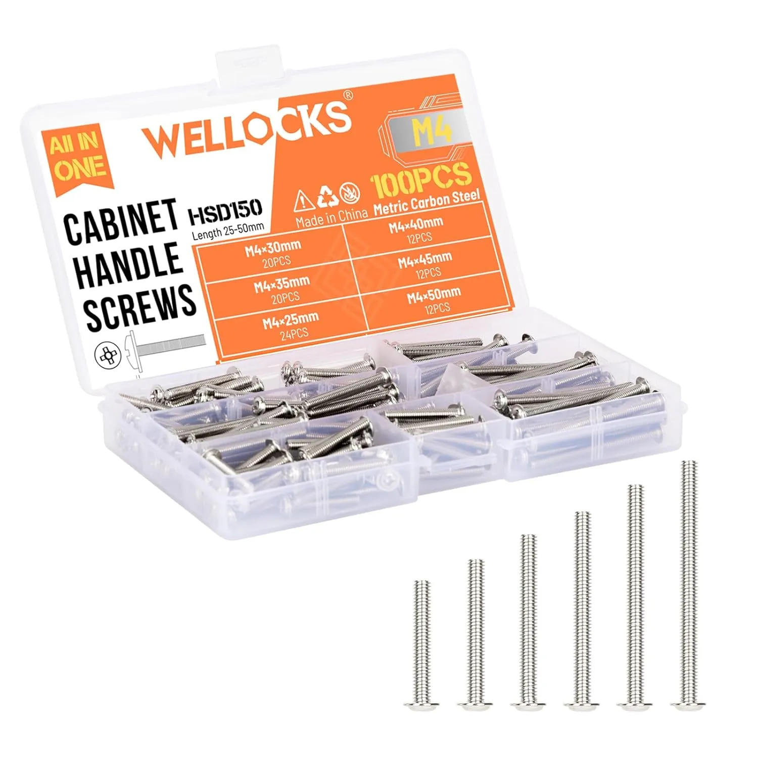 Bild von WELLOCKS Schraubenset mit 100 Flachscheibenkopf Kreuzschlitzschrauben in Silber, M4, 25 bis 50 mm für Schrank und Schublade