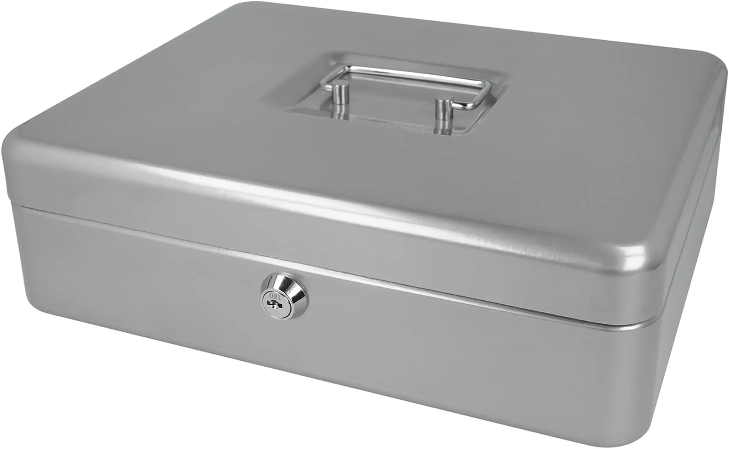 Bild von Westcott Geldkassette E-51002 aus Stahlblech in Silber, abschließbar mit 2 Schlüsseln und Hartgeldeinsatz aus Kunststoff, Maße 301x242x91 mm