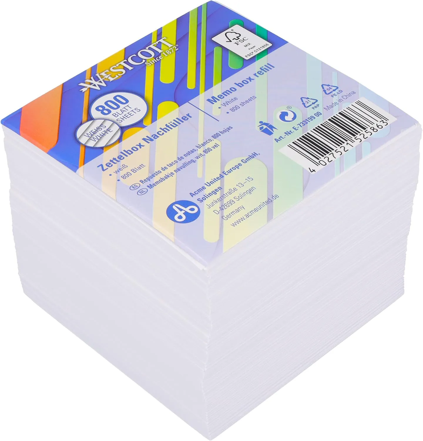 Bild von Westcott Nachfüllpack mit 800 weißen Notizzetteln in 9 x 9 cm, FSC-zertifiziertes Papier, Artikelnummer E-733199 00