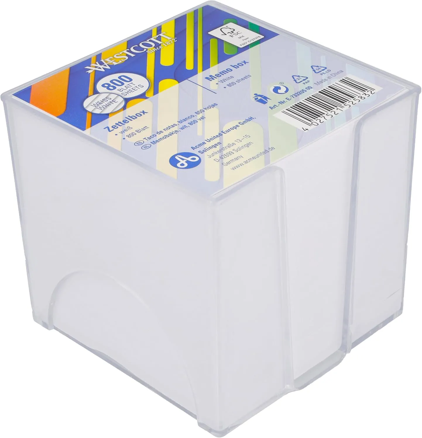 Bild von Westcott Notizzettel in weiß mit 800 Blatt, 9 x 9 cm, in stabiler transparenter Box, FSC-zertifiziertes Papier 80 g/m², Artikelnummer E-733205 00