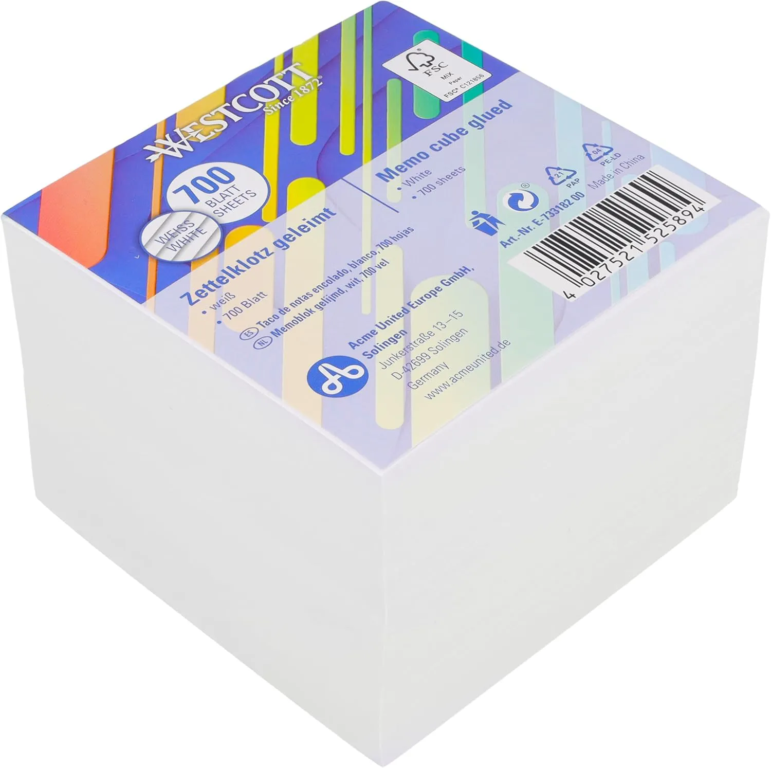 Bild von Westcott Notizzettelblock mit 700 weißen Blättern in 9 x 9 cm aus FSC-zertifiziertem Papier, 80g/m², Artikelnummer E-733182 00