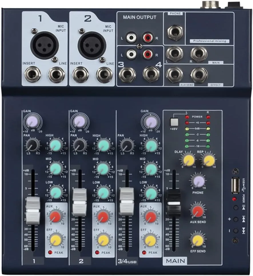 Bild von Weymic F4 4-Kanal Mixer mit USB-Audio-Schnittstelle und Stereo-Equalizer für DJ und Karaoke Anwendungen