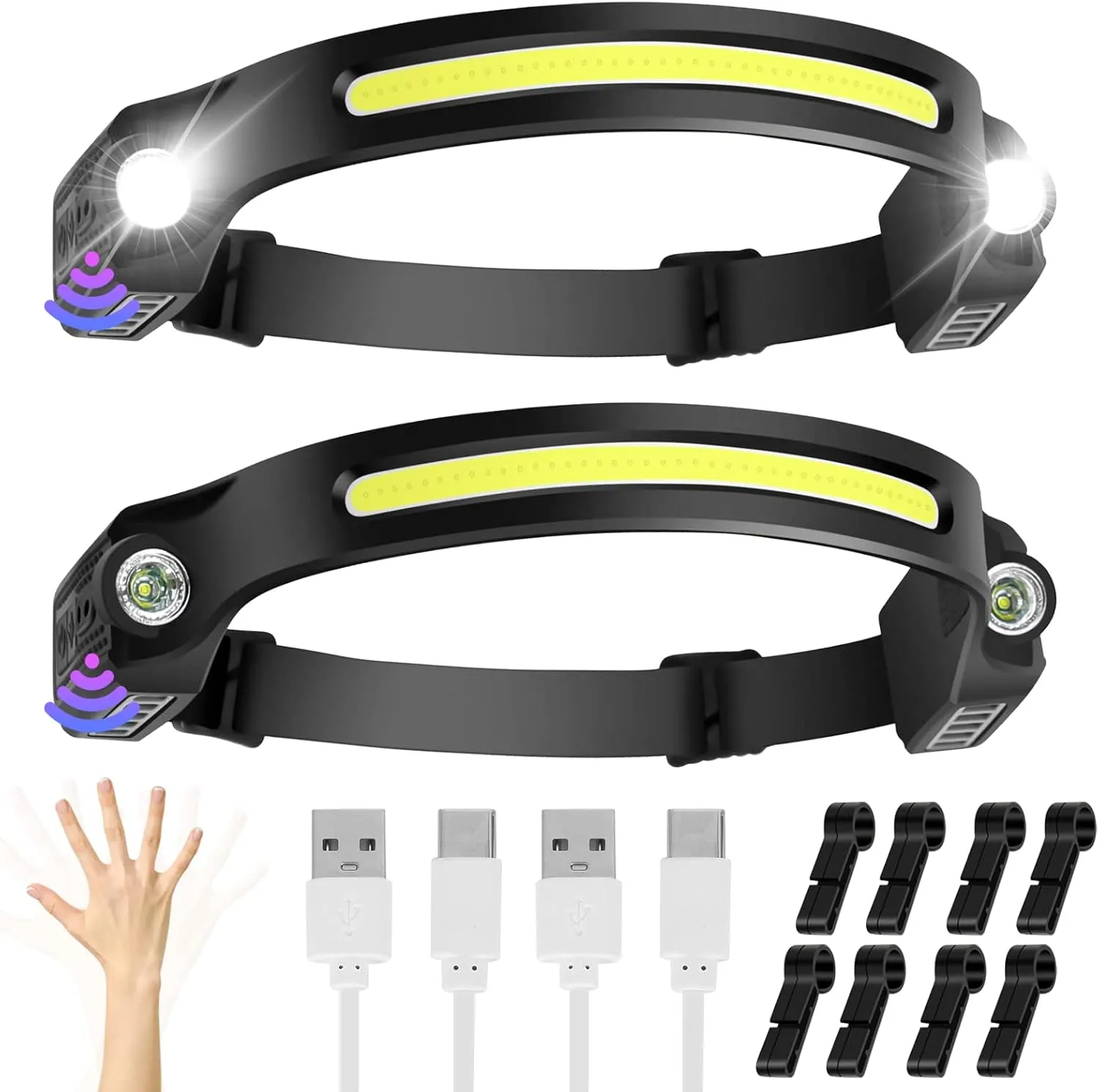 Bild von Wiederaufladbare LED Stirnlampe im 2er Set mit 260 Grad Sichtfeld, wasserdicht nach IPX4, 6 Modi und Bewegungssensor, 650 Lumen, ideal für Kinder und Erwachsene beim Angeln, Joggen, Camping und Wandern