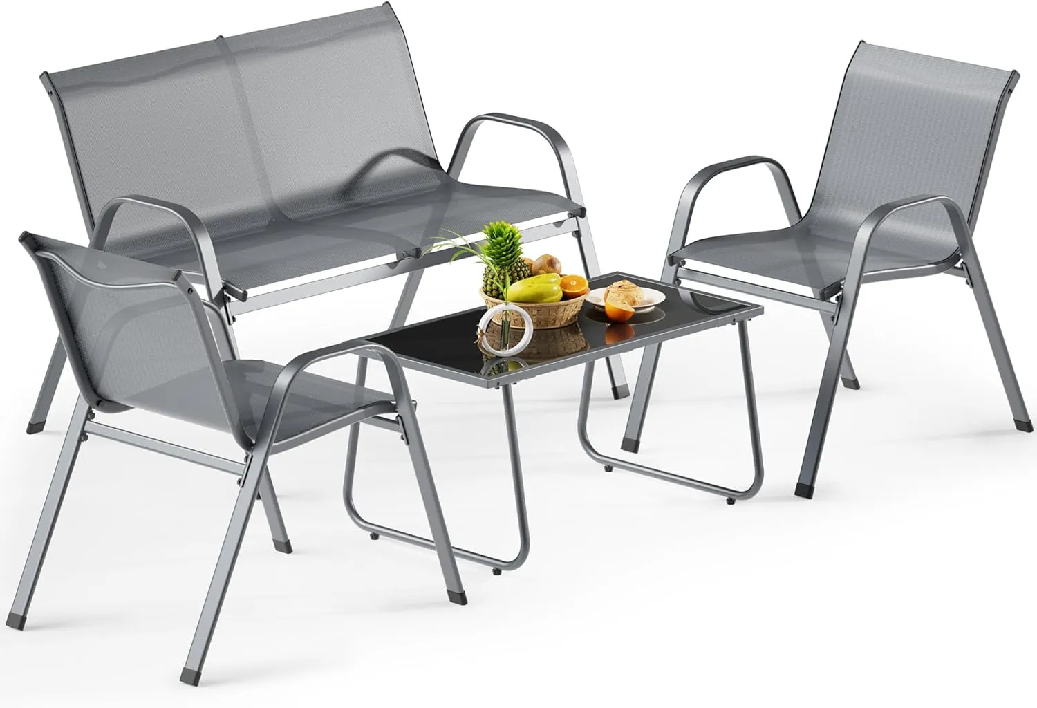Bild von Wiltec 4-teiliges Gartenmöbel Set in Hellgrau mit Gartentisch, Glasplatte, 2-Sitzer-Bank und 2 Gartenstühlen, jeweils bis 120 kg belastbar