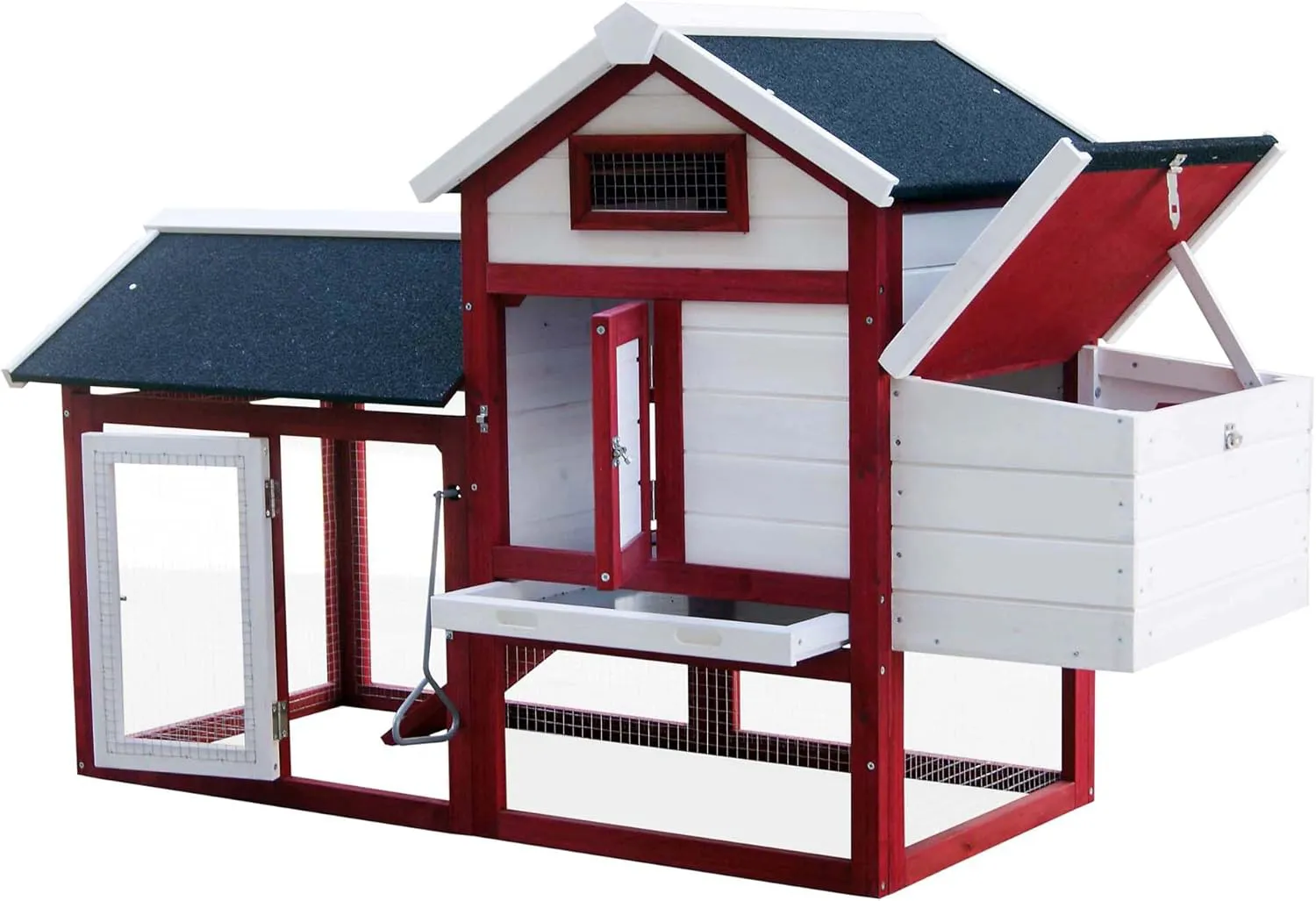 Bild von Wiltec Hühnerstall in Rot und Weiß mit Freilauf, Nistkasten und verzinkter Kotwanne, Maße 1520 x 520 x 920 mm