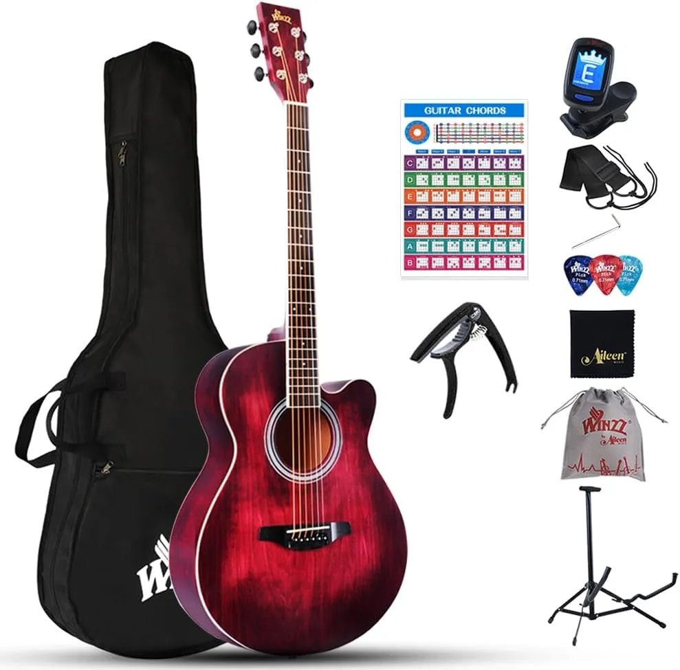 Bild von Winzz Akustikgitarre 40 Zoll in Rot mit Zubehörset für Anfänger