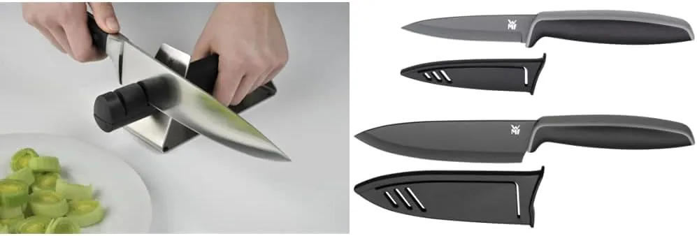 Bild von WMF Gourmet Messerschärfer mit Keramikscheiben und 2 Stufen, 2-teiliges Messerset mit Spezialklingenstahl und Schutzhülle, schwarz