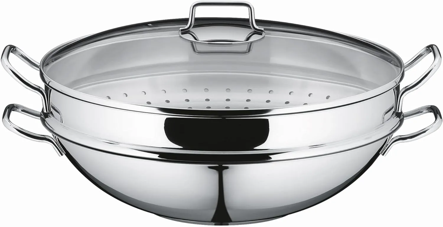 Bild von WMF Macao Wok Set 4-teilig mit 36 cm Wok-Pfanne, Glasdeckel, Ablagegitter und Dämpfereinsatz aus poliertem Cromargan Edelstahl