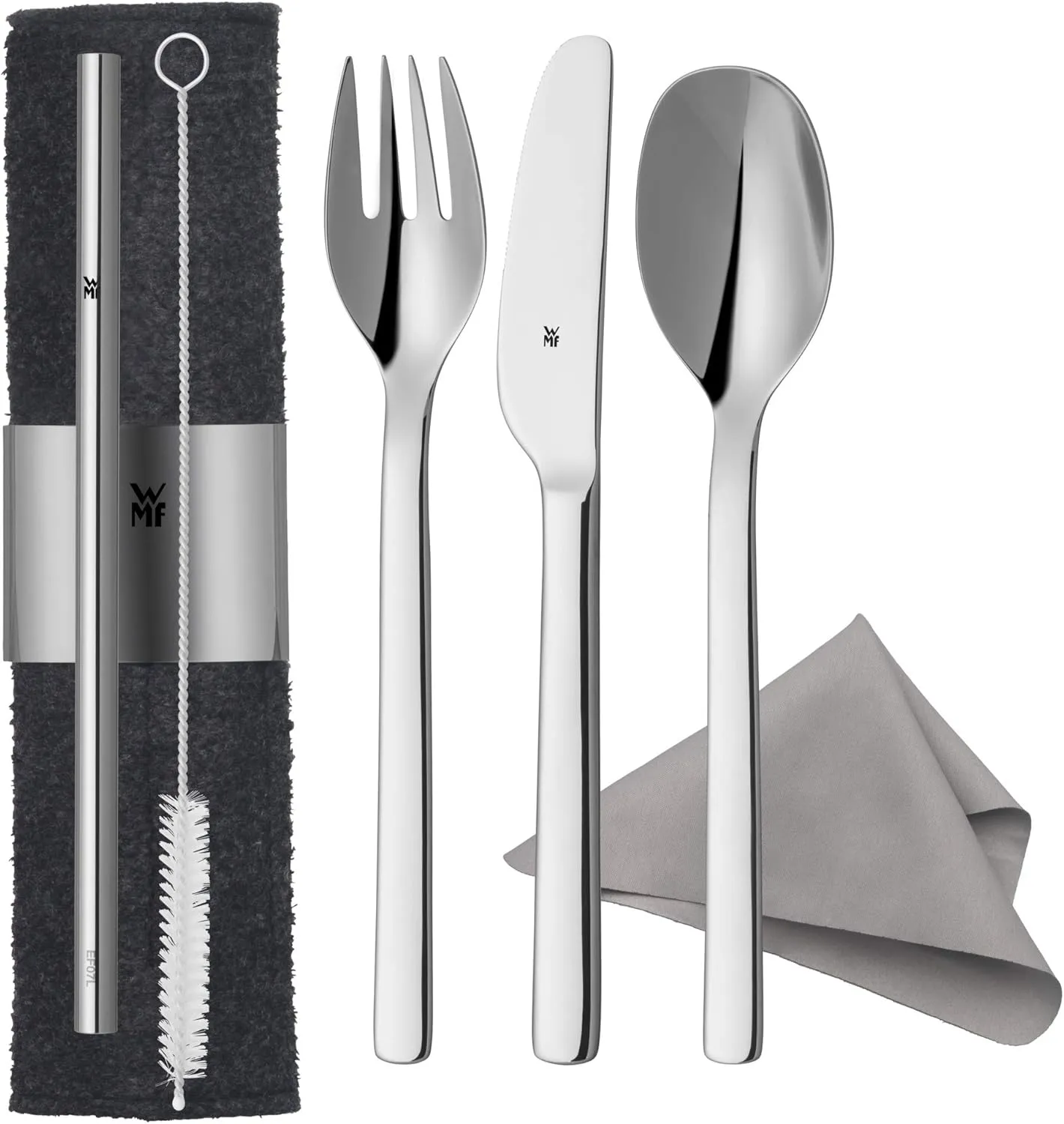 Bild von WMF my2Go 8-teiliges Edelstahl Besteckset für 1 Person mit Etui, Strohhalm und Reinigungsbürste