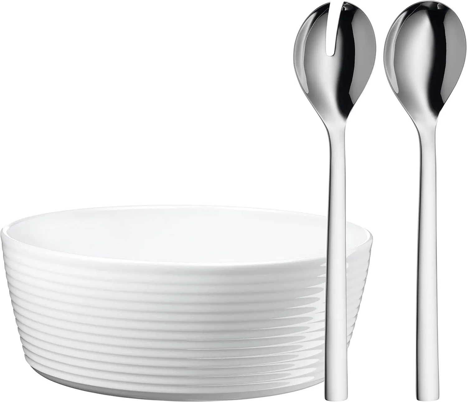 Bild von WMF Nuova 3-teiliges Salatschüssel Set mit 30 cm Salatbesteck aus poliertem Cromargan Edelstahl und Porzellan, spülmaschinengeeignet