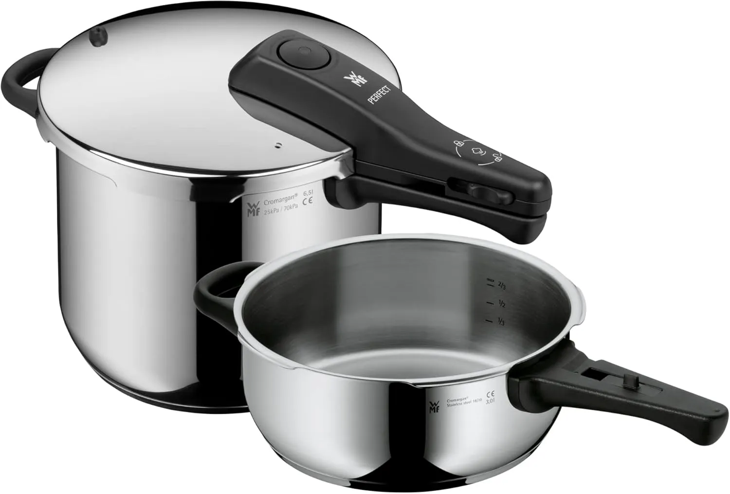 Bild von WMF Perfect One Pot 2-teiliges Schnellkochtopf Set aus Edelstahl mit 6,5 l und 3 l Volumen, Induktion und abnehmbarem Deckelgriff