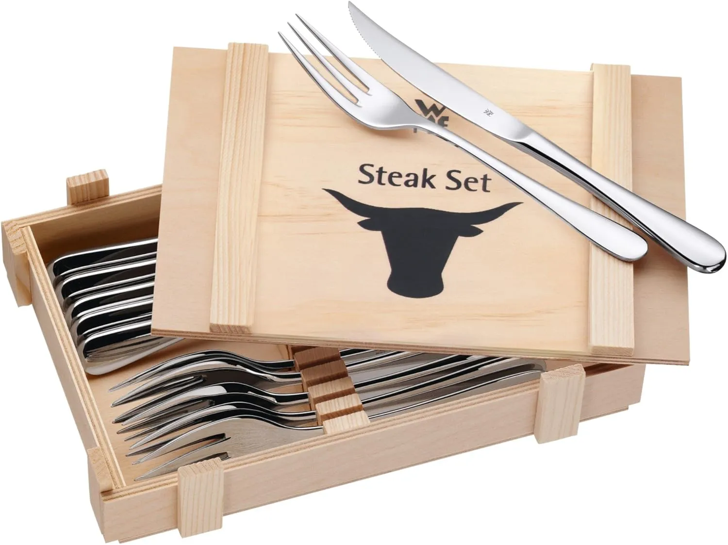 Bild von WMF Steakbesteck Set für 6 Personen mit 12 Teilen in poliertem Cromargan Edelstahl und Holzkiste