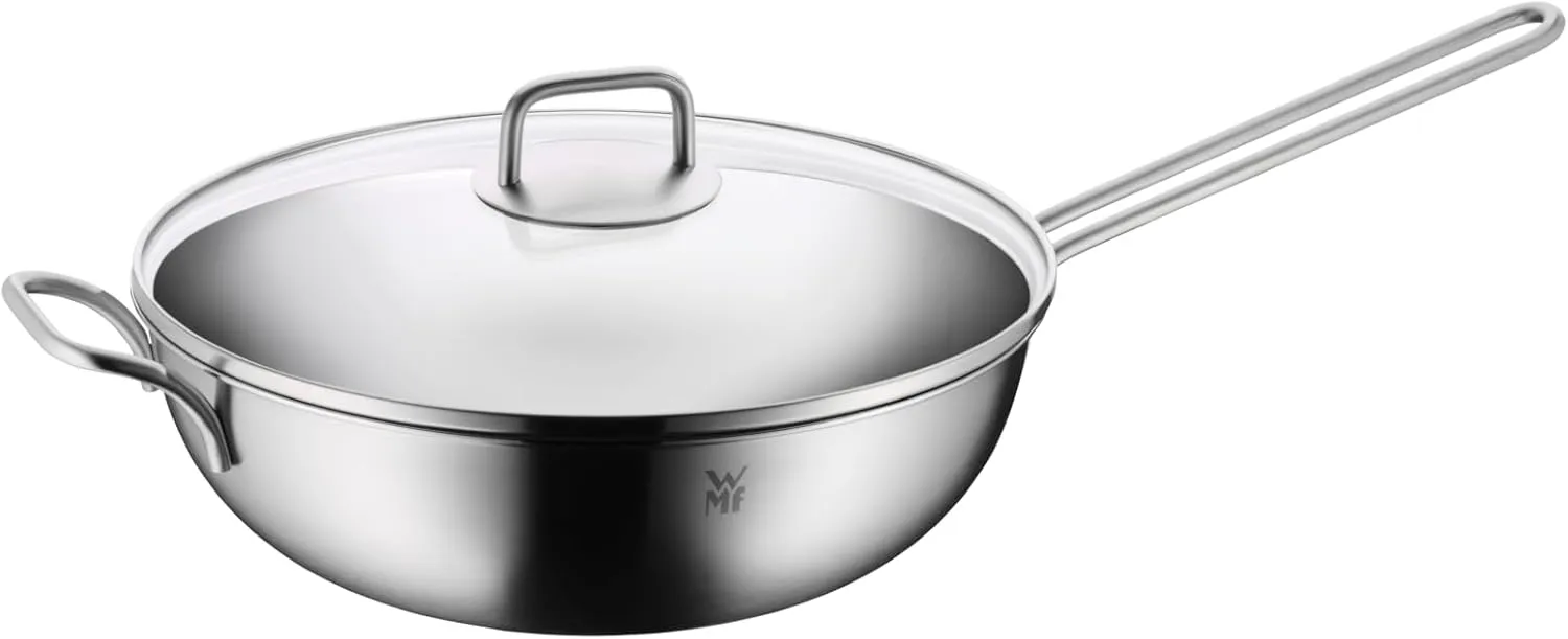 Bild von WMF Wok 30 cm aus poliertem Cromargan Edelstahl mit Glasdeckel, unbeschichtet und backofengeeignet