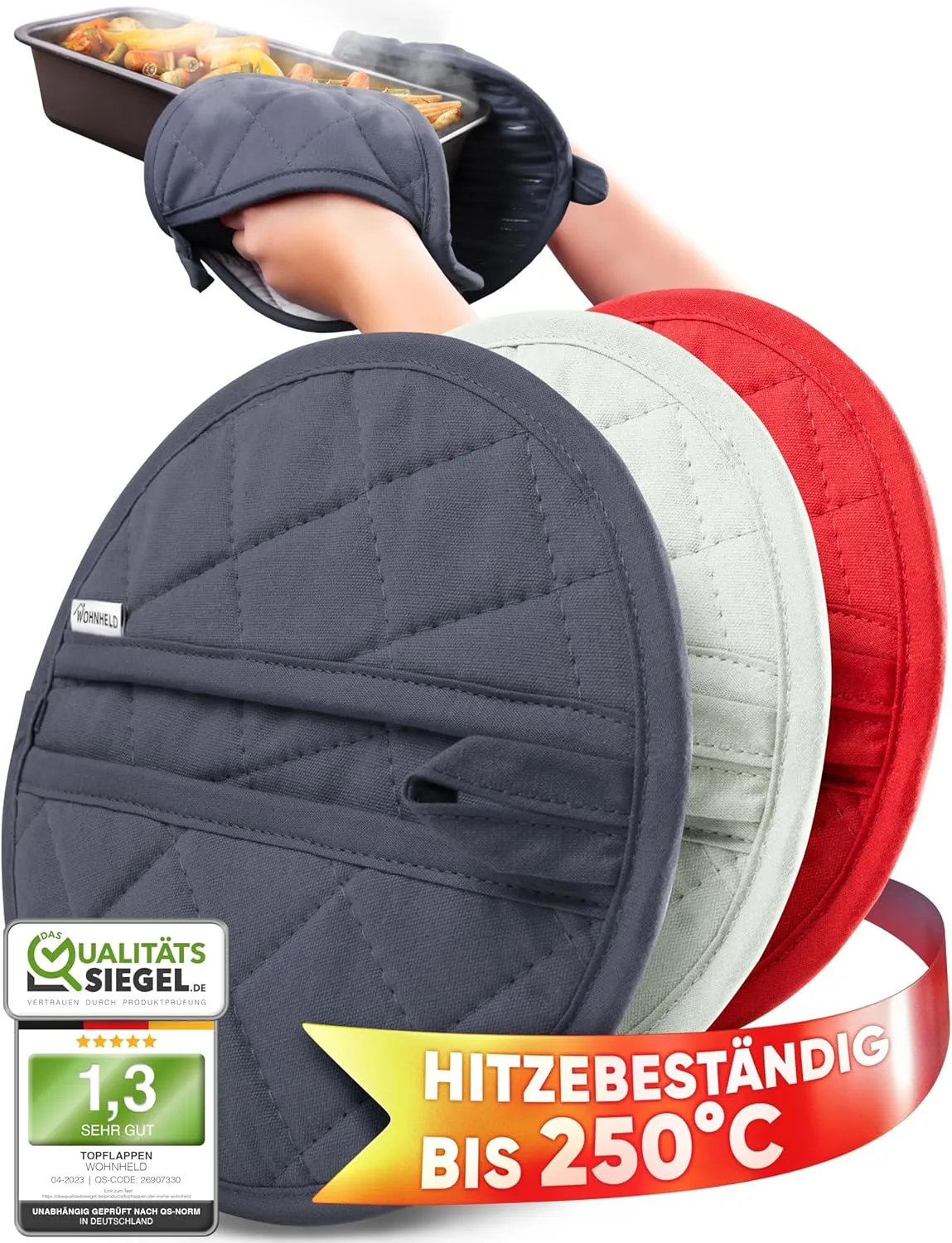 Bild von WOHNHELD Topflappen Set mit 2 Stück, hitzebeständig bis 250 Grad, waschmaschinengeeignet, grau, rund, 20 x 20 cm