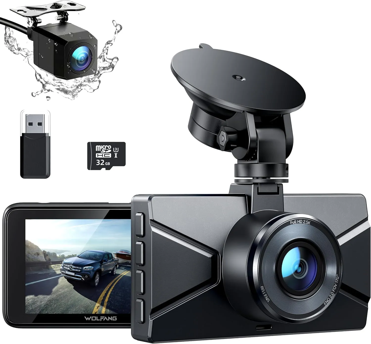 Bild von WOLFANG Dashcam mit 2,5K Frontkamera und 1080P Rückkamera, 170 Grad Weitwinkel, Nachtsicht, G-Sensor und 32GB SD-Karte