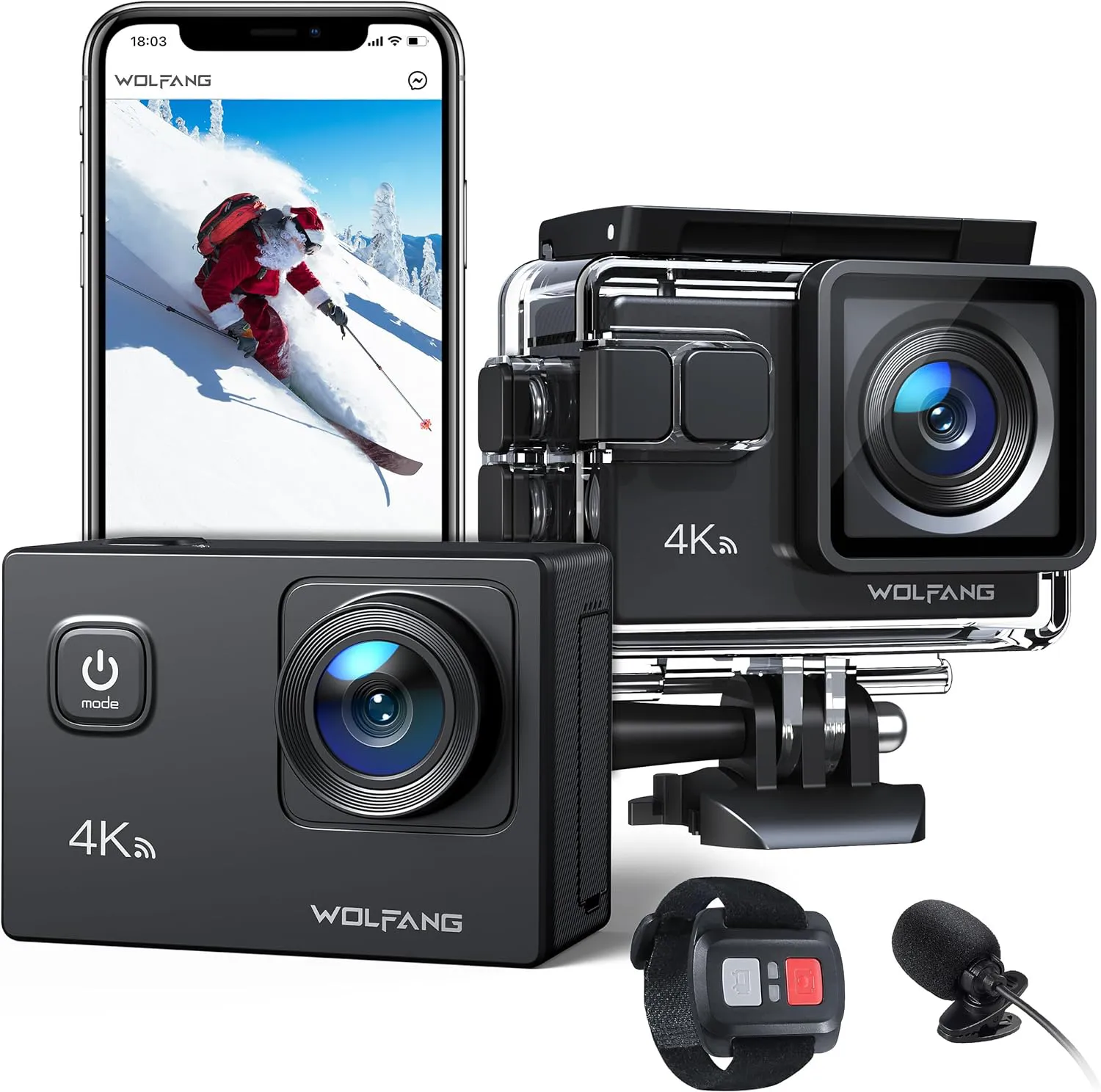 Bild von WOLFANG GA100 Action Cam mit 4K Auflösung, 20 MP, wasserdicht bis 40 Meter, EIS Bildstabilisator, 170° Weitwinkel und Zubehörkit mit externem Mikrofon und 2 Akkus